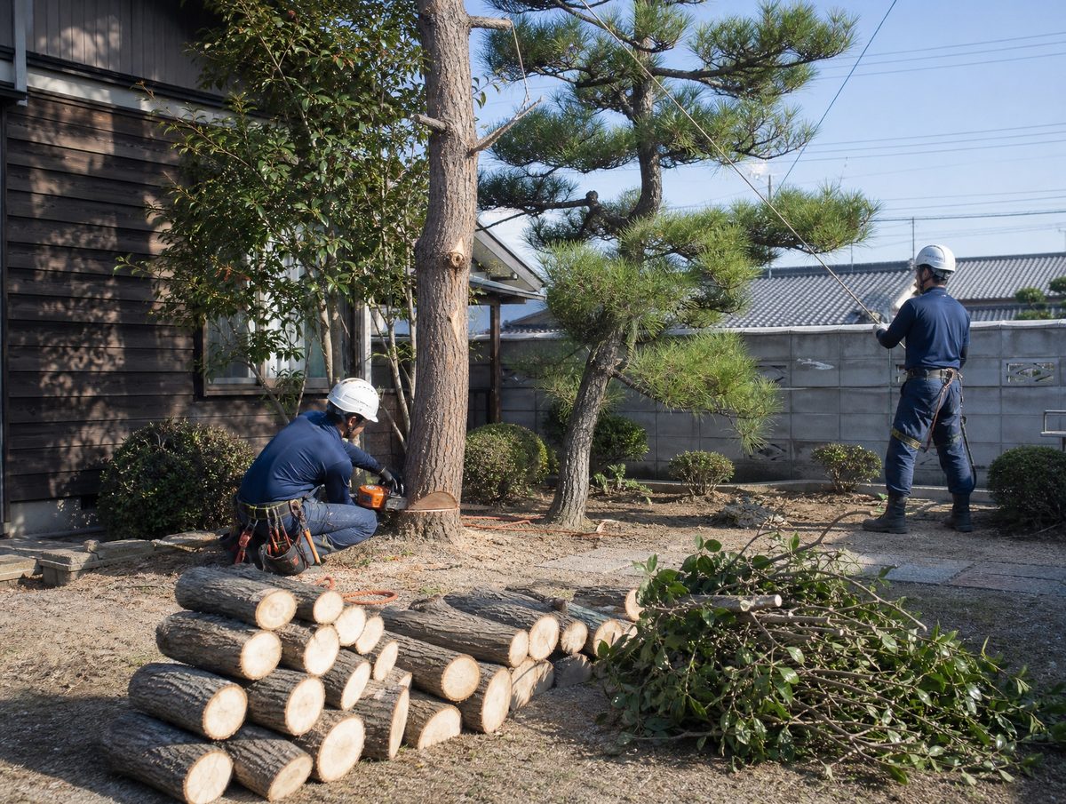 庭木を地上から順に切り下げている伐採作業