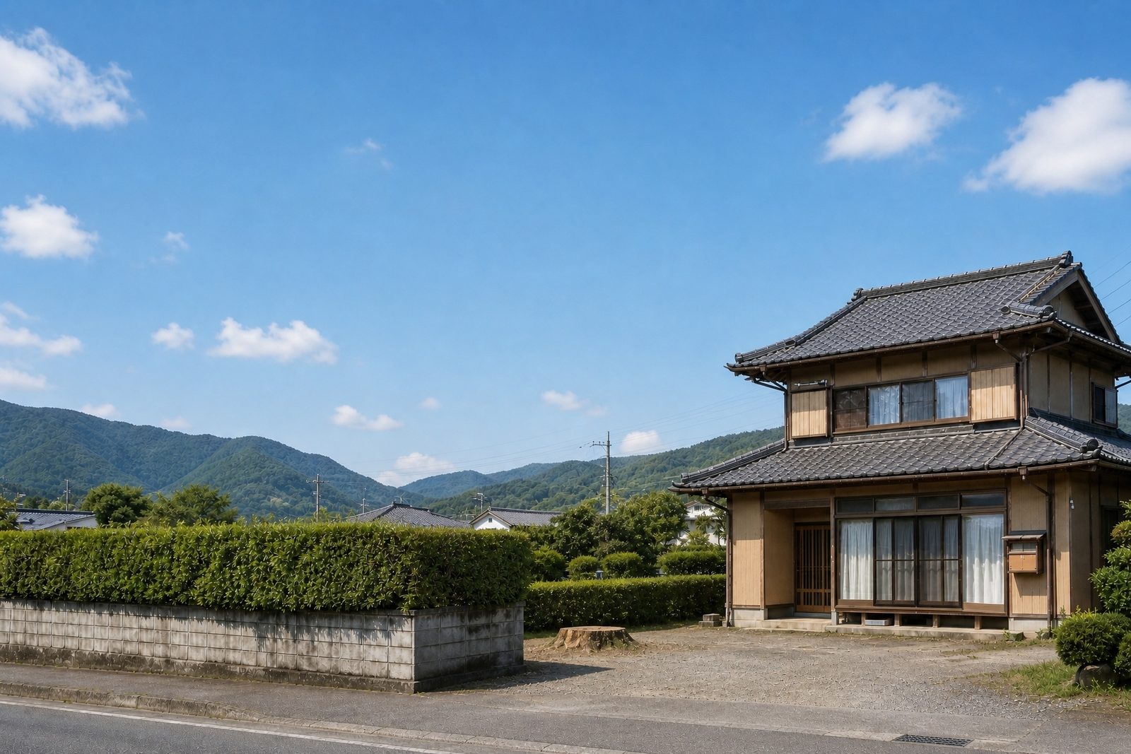 木が片付き、地面も清掃された作業後の同じ住宅と敷地